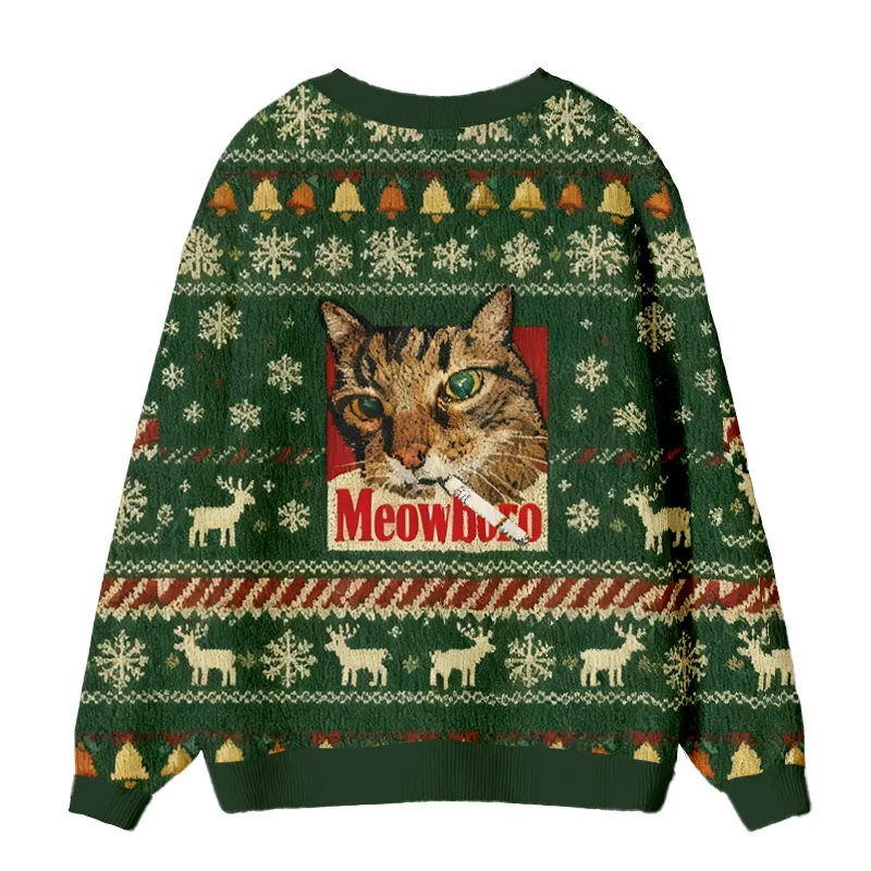 Green Funny Smoking Cat Meme Ugly Cardigan Sweater