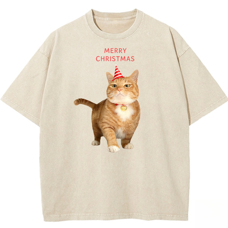 Orange Cat Christmas Party Washed T-shirt