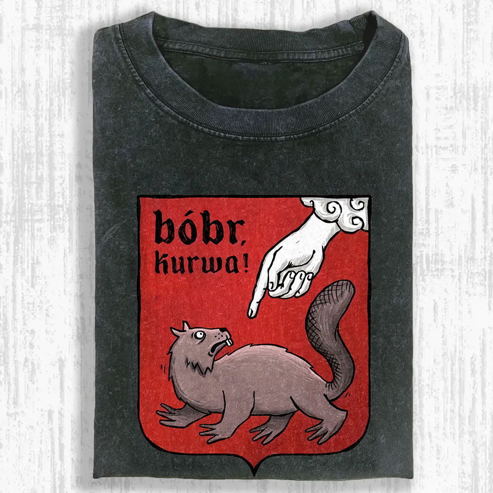 Funny Bobr Kurwa Printed Casual Washed T-shirt