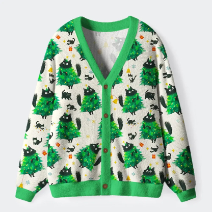 Christmas Tree Cat Ugly Cardigan Sweater