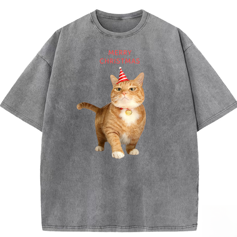 Orange Cat Christmas Party Washed T-shirt