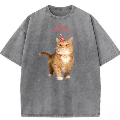 Orange Cat Christmas Party Washed T-shirt