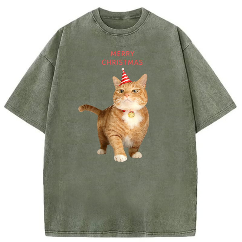 Orange Cat Christmas Party Washed T-shirt