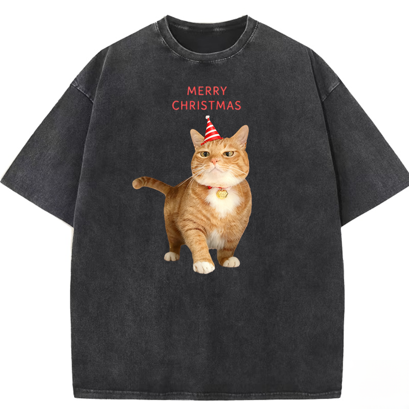 Orange Cat Christmas Party Washed T-shirt