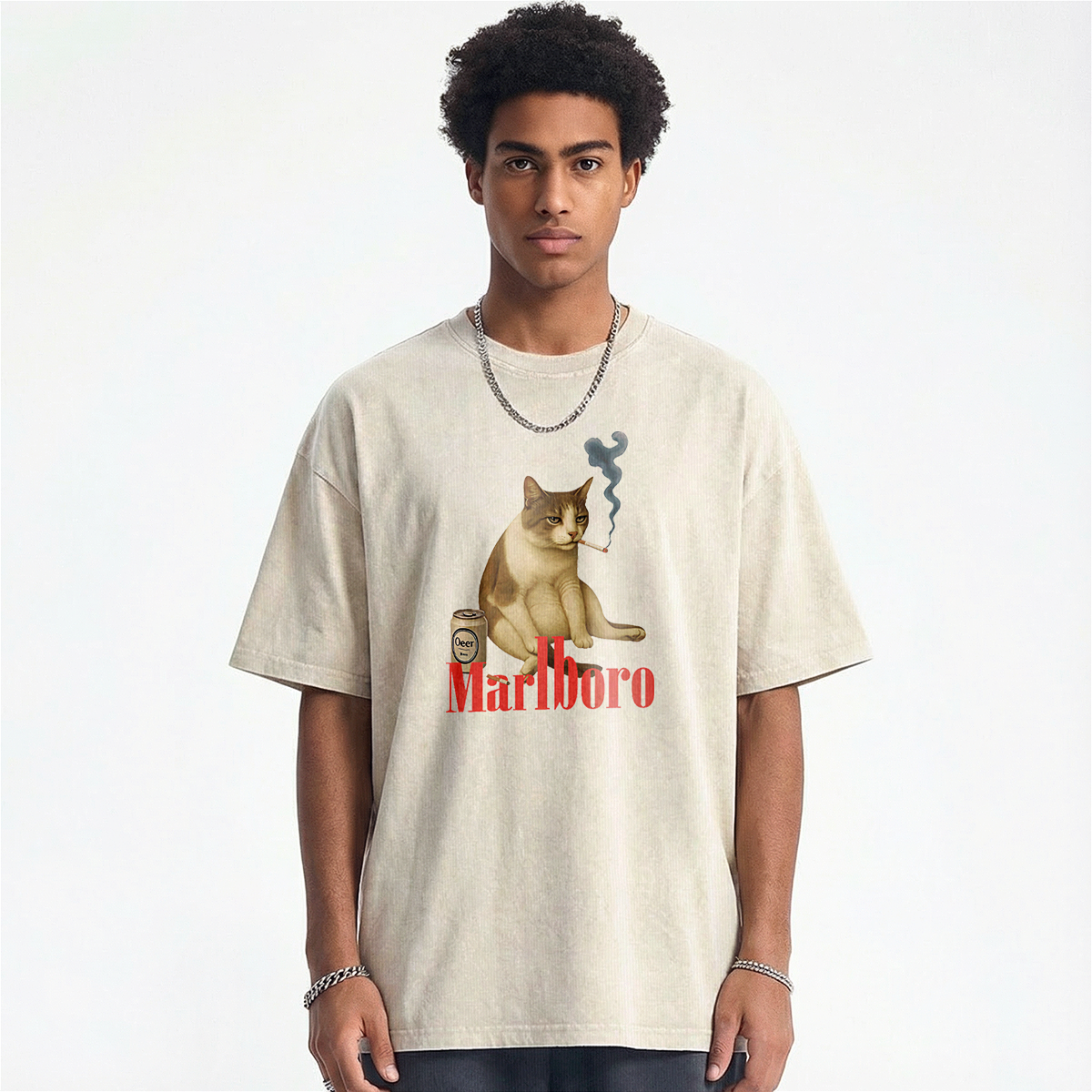 Melancholy Smoking Cat Washed T-shirt
