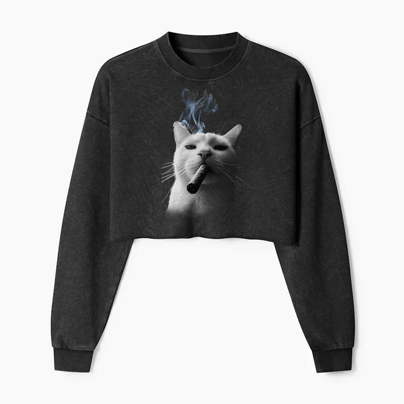 Bossy Cat Smoking Cigar Washed Crop Sweatshirt