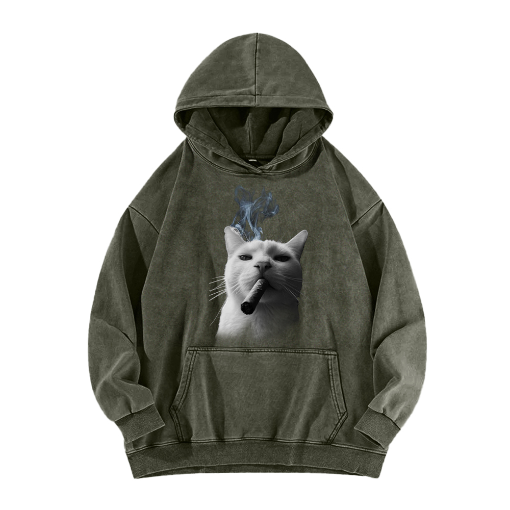 Bossy Cat Smoking Cigar Washed Hoodie