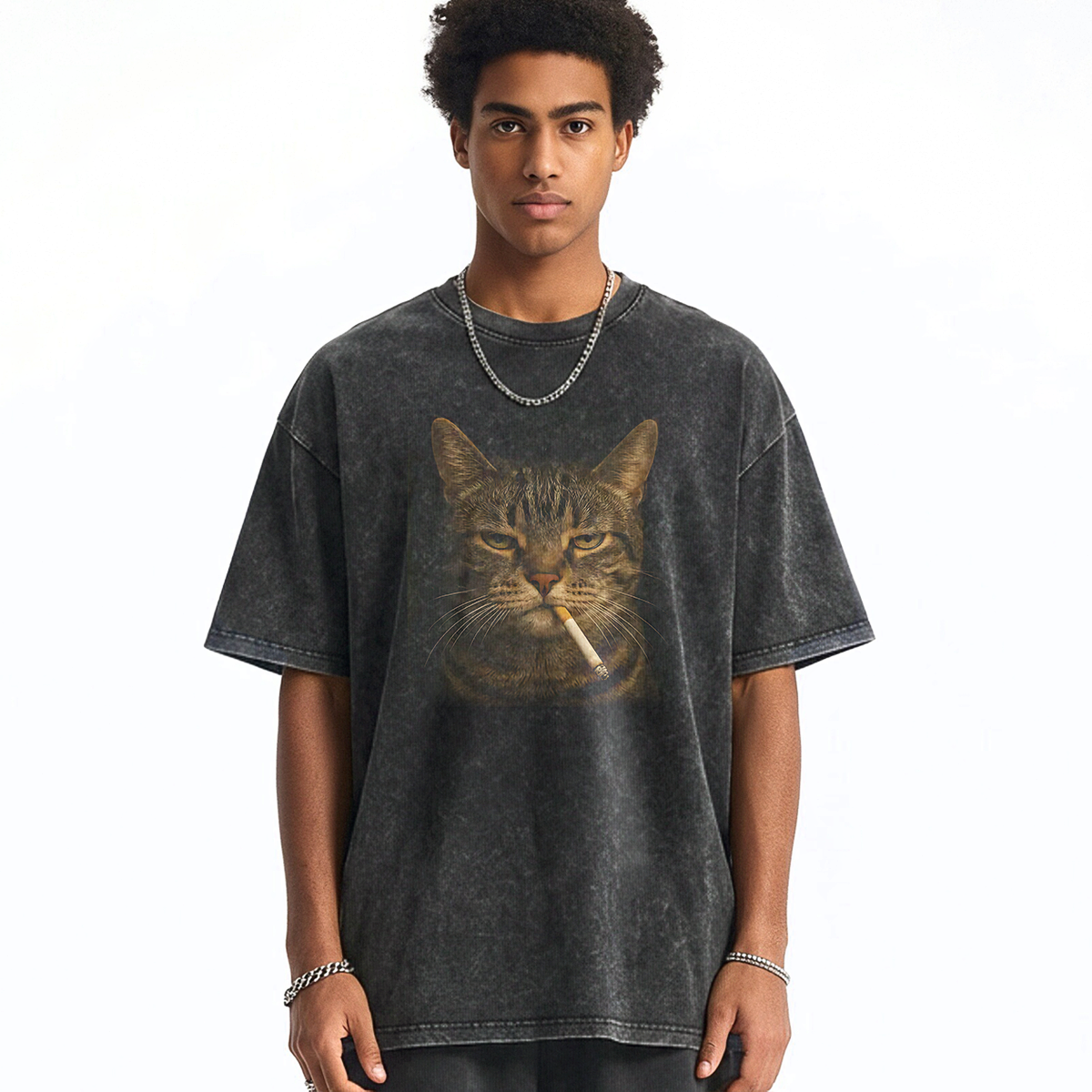 Grumpy Smoking Cat Washed T-shirt