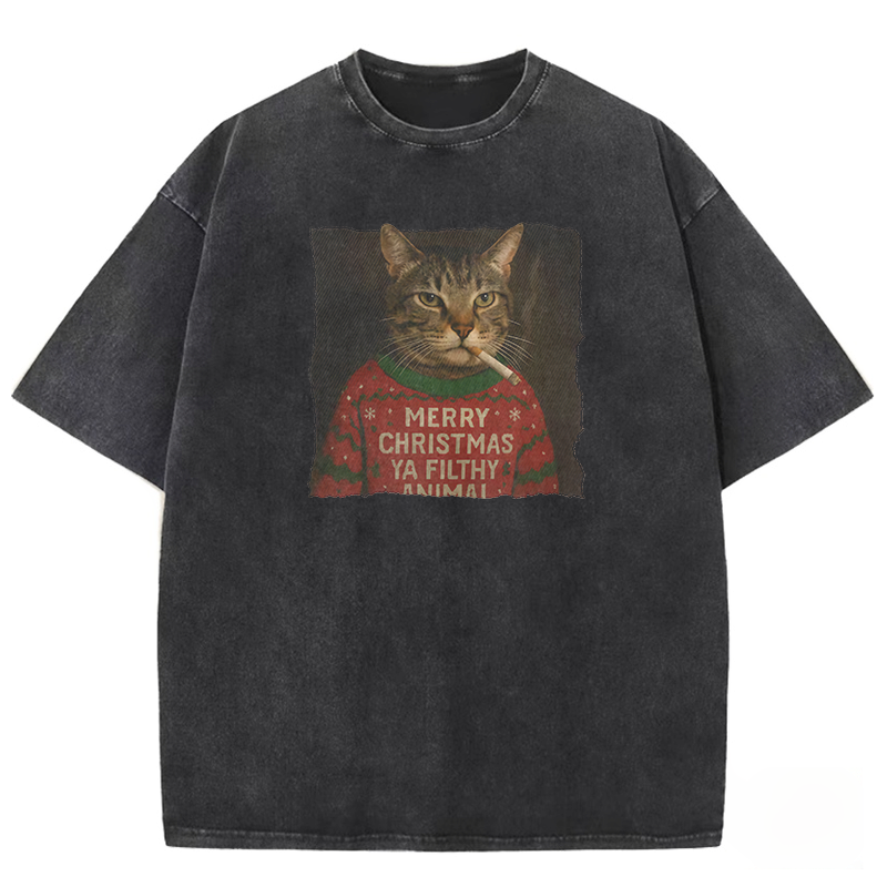 Funny Christmas Smoking Cat Washed T-shirt