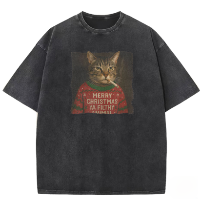 Funny Christmas Smoking Cat Washed T-shirt