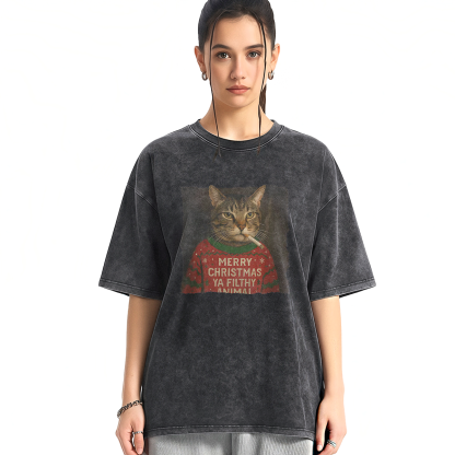 Funny Christmas Smoking Cat Washed T-shirt