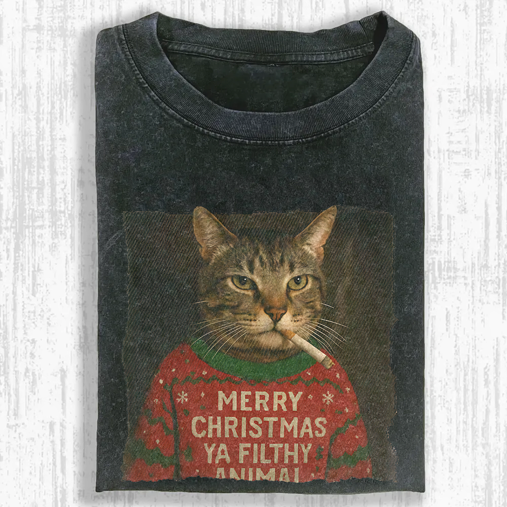 Funny Christmas Smoking Cat Washed T-shirt