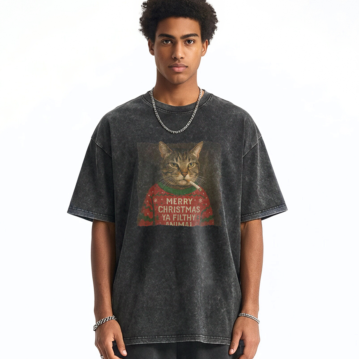 Funny Christmas Smoking Cat Washed T-shirt
