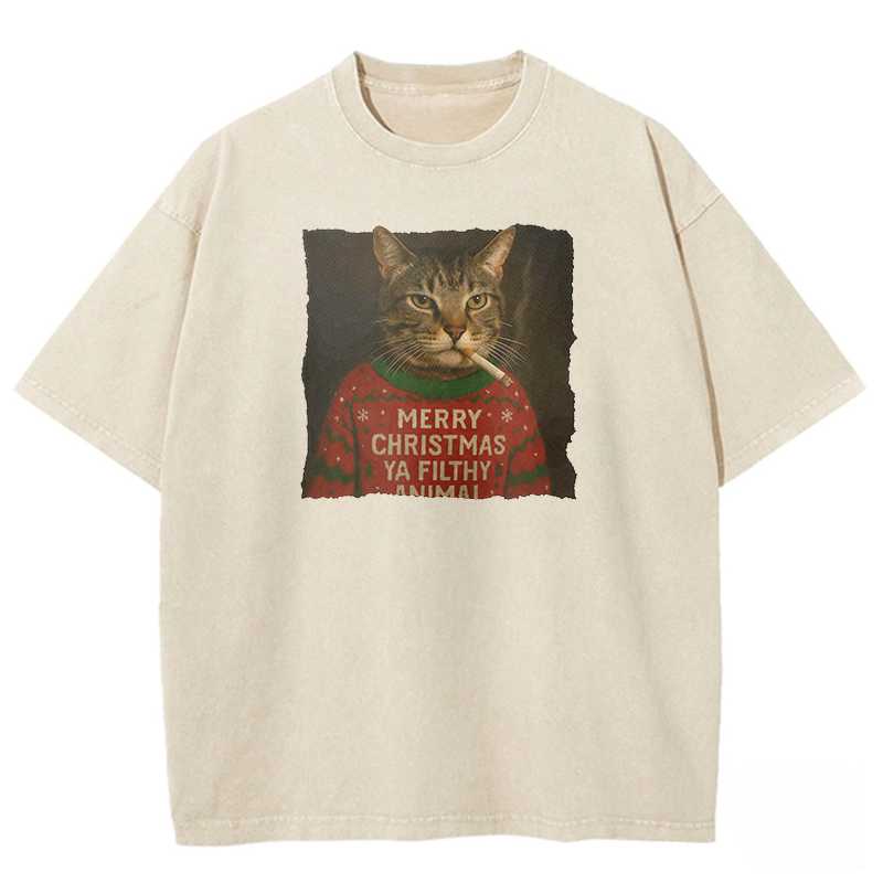Funny Christmas Smoking Cat Washed T-shirt