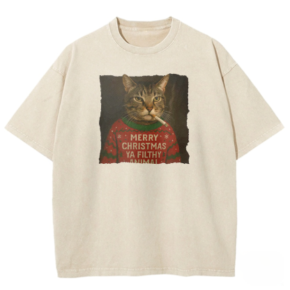 Funny Christmas Smoking Cat Washed T-shirt