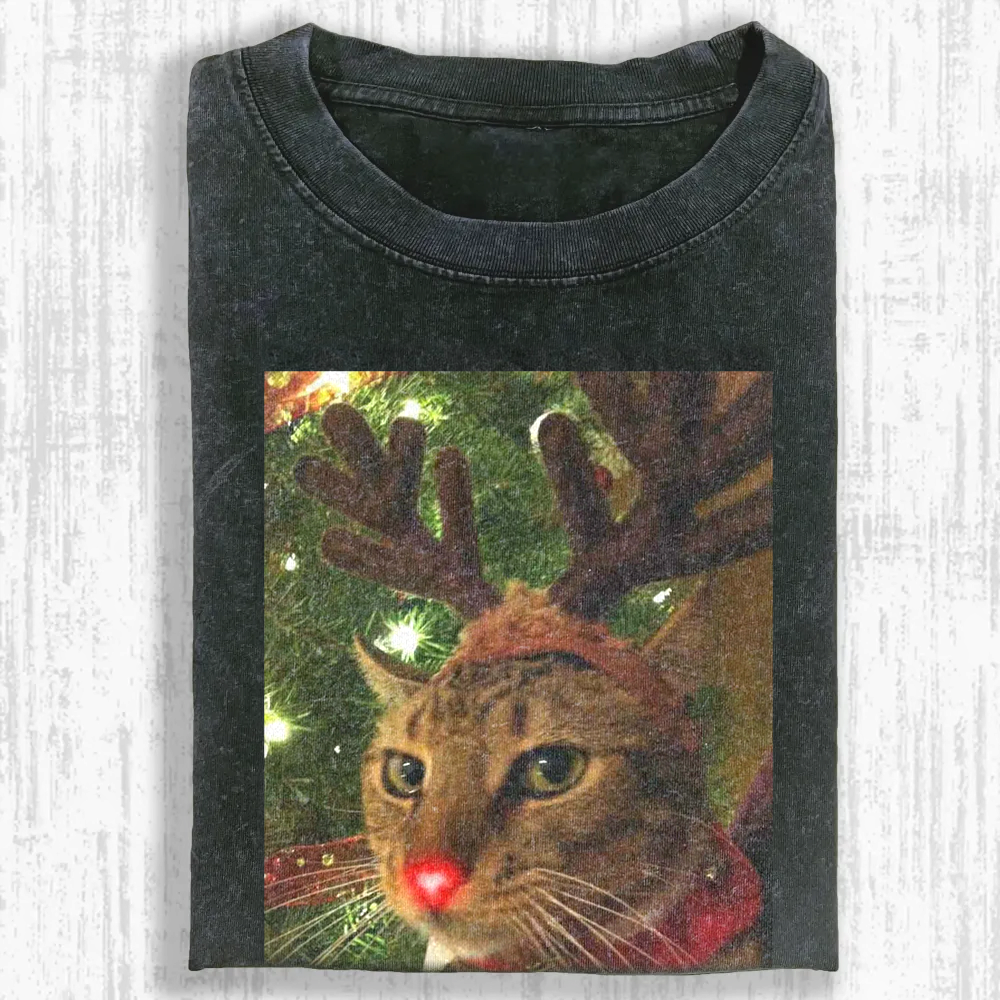 Reindeer Cat Xmas Washed T-shirt