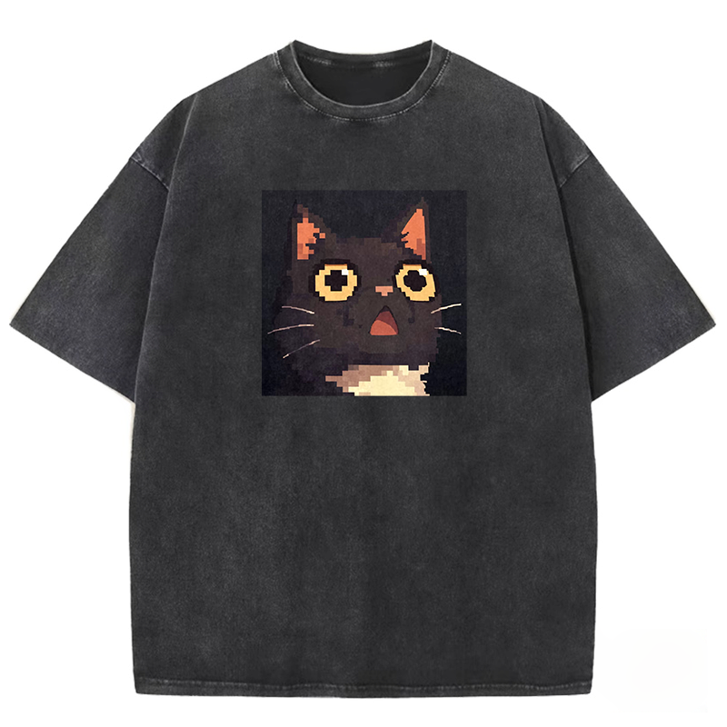 Shocked Pixel Cat Washed T-shirt