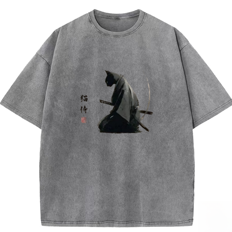 Kneeling Cat Samurai Washed T-shirt