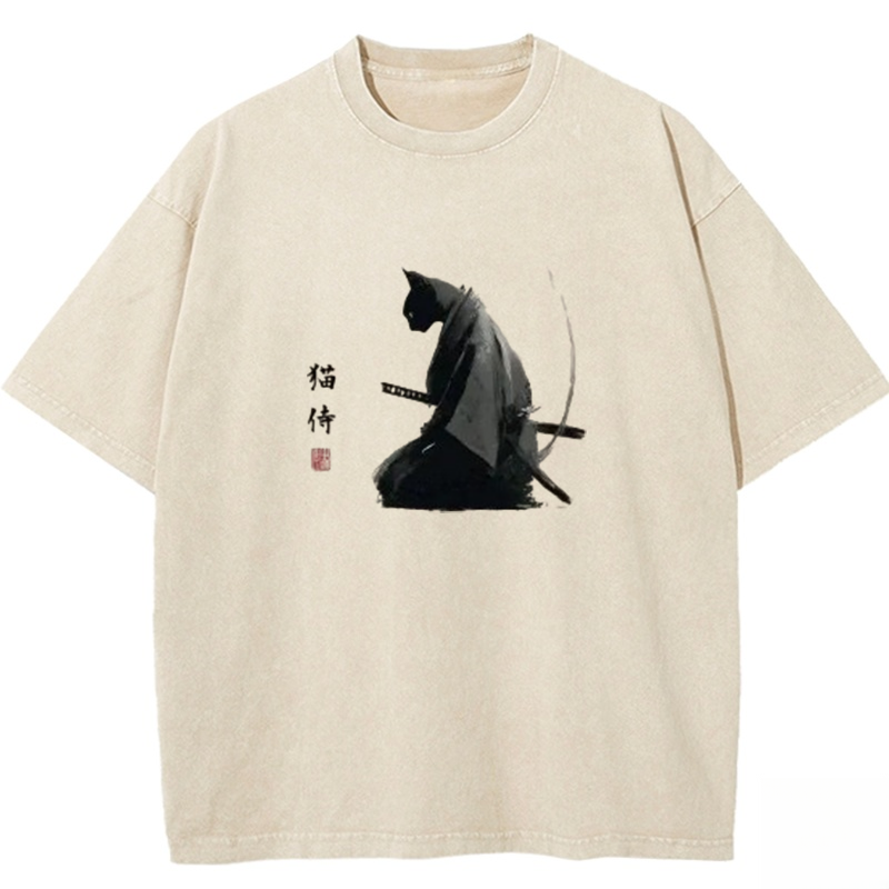 Kneeling Cat Samurai Washed T-shirt