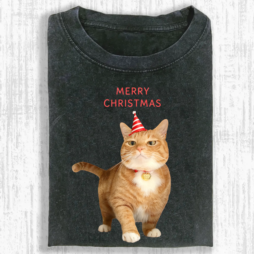 Orange Cat Christmas Party Washed T-shirt