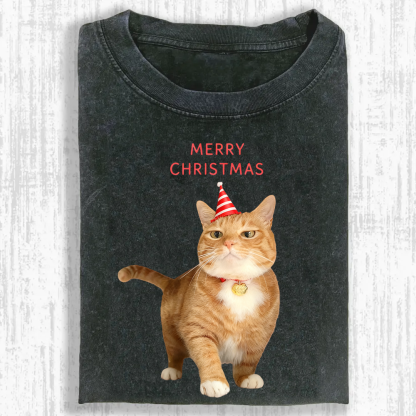 Orange Cat Christmas Party Washed T-shirt