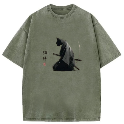 Kneeling Cat Samurai Washed T-shirt