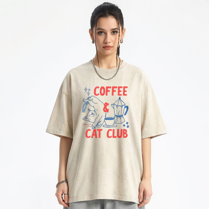 Coffee Cat Club Unisex Fit Washed T-shirt