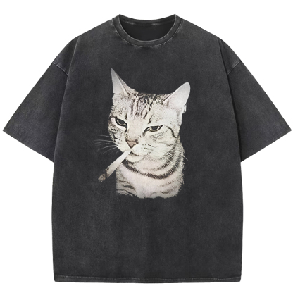Smoking Cat Washed T-shirt