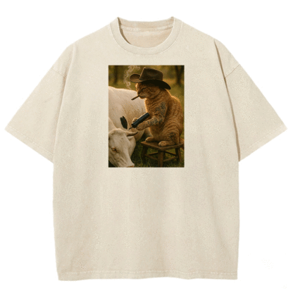 Tattoo Cowboy Cat Washed T-shirt