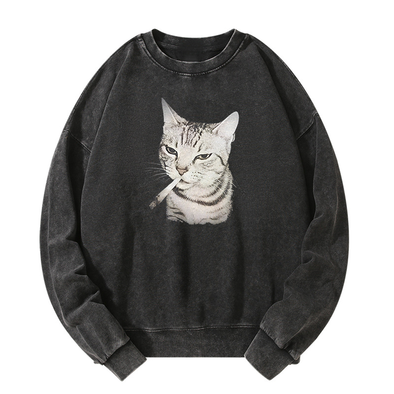 Smoking Cat Washed Sweatshirt