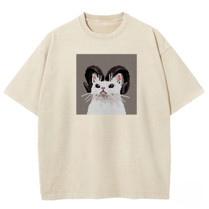 Ram-Horned Feline Pixel Washed T-shirt