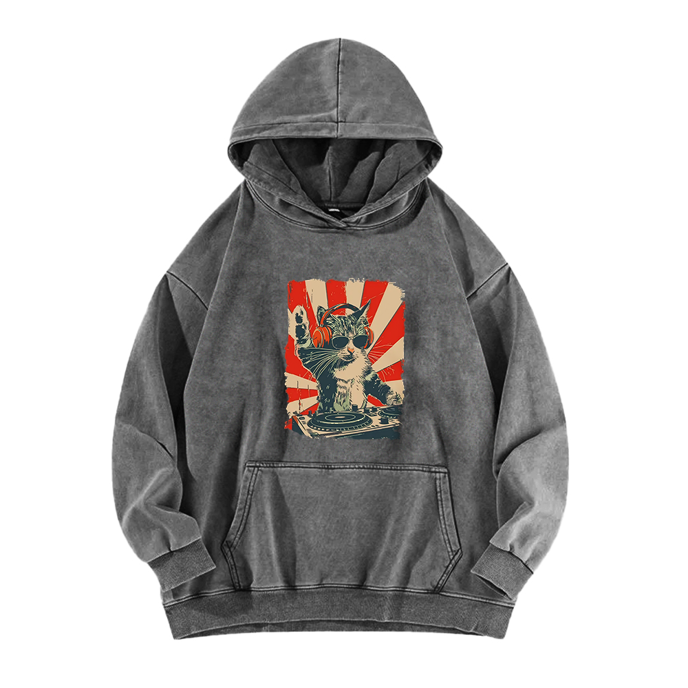 Cool DJ Cat Washed Hoodie