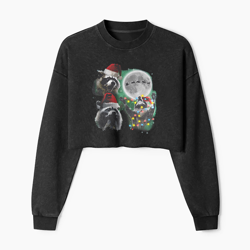 Three Raccoons With The Moon Christmas Washed Crop Sweatshirt