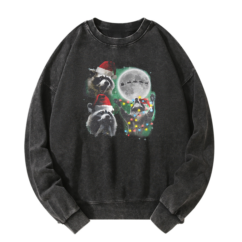 Three Raccoons With The Moon Christmas Washed Sweatshirt