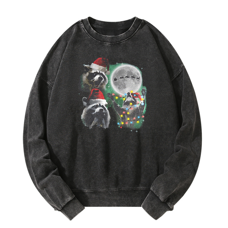 Three Raccoons With The Moon Christmas Washed Sweatshirt