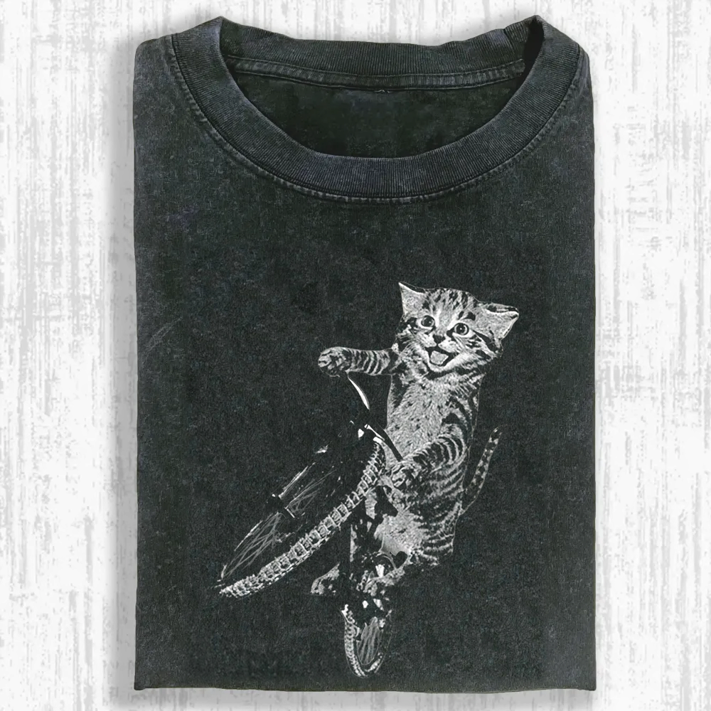 Cat Riding a Bicycle Washed T-shirt