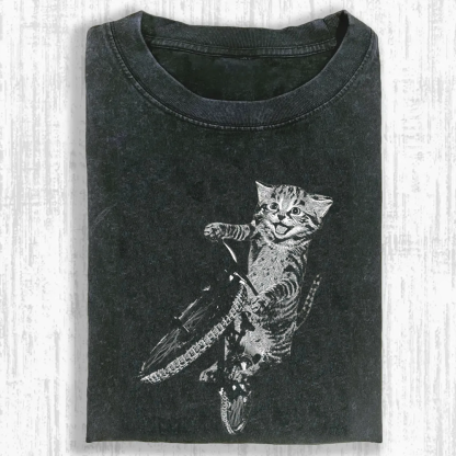 Cat Riding a Bicycle Washed T-shirt