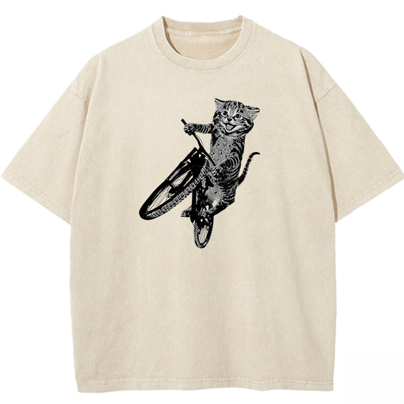 Cat Riding a Bicycle Washed T-shirt