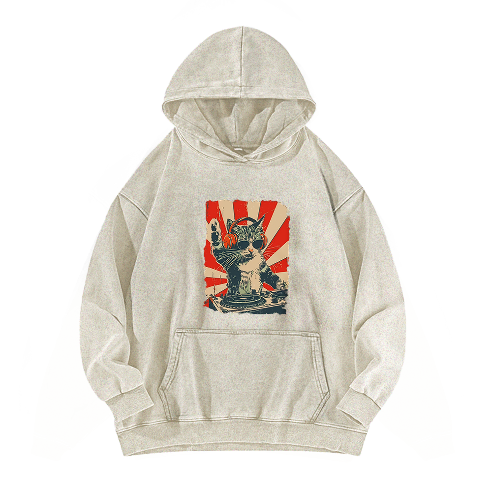 Cool DJ Cat Washed Hoodie