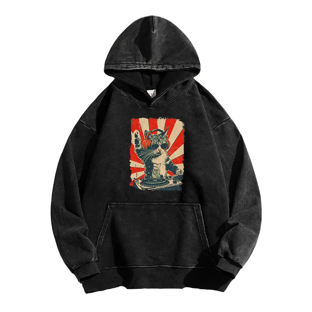 Cool DJ Cat Washed Hoodie