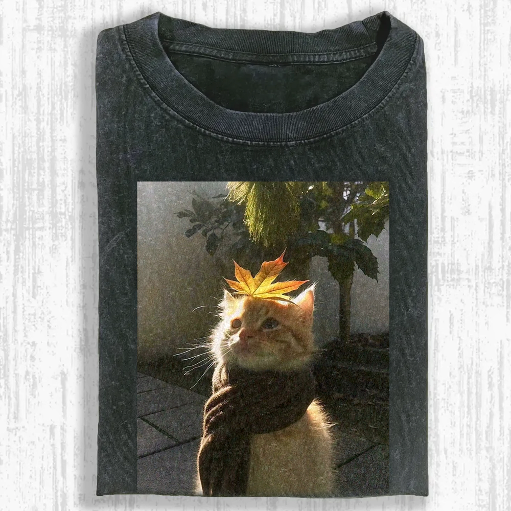 Leaf-Adorned Cat Washed T-shirt