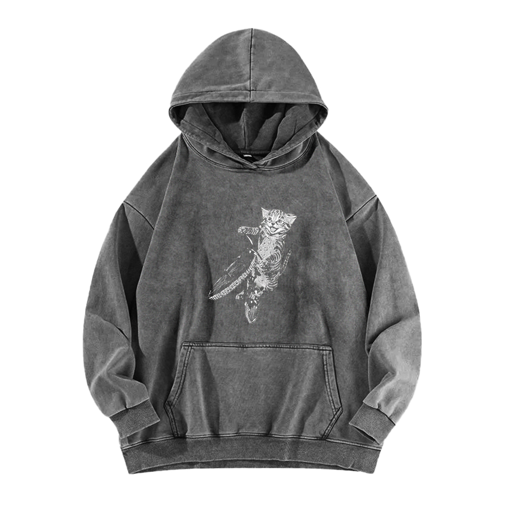 Cat Riding a Bicycle Washed Hoodie