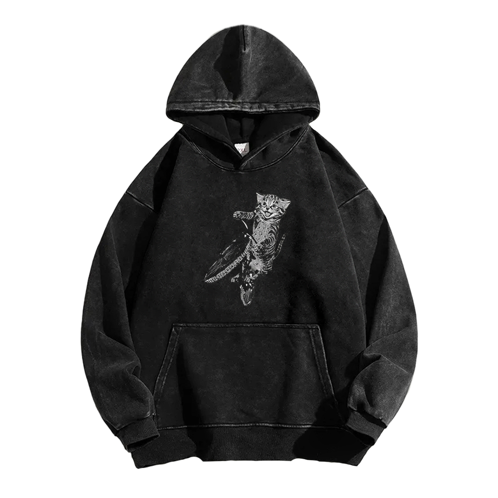 Cat Riding a Bicycle Washed Hoodie