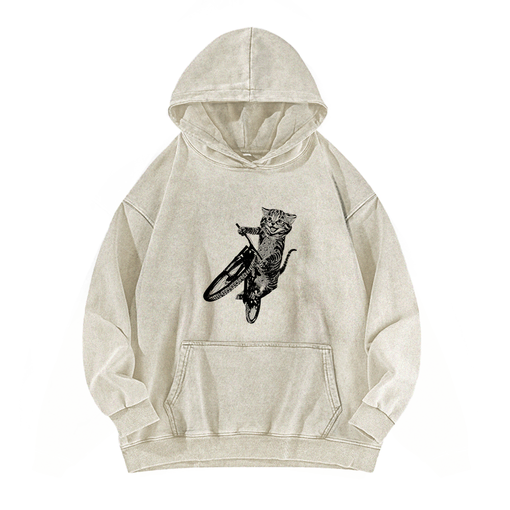 Cat Riding a Bicycle Washed Hoodie