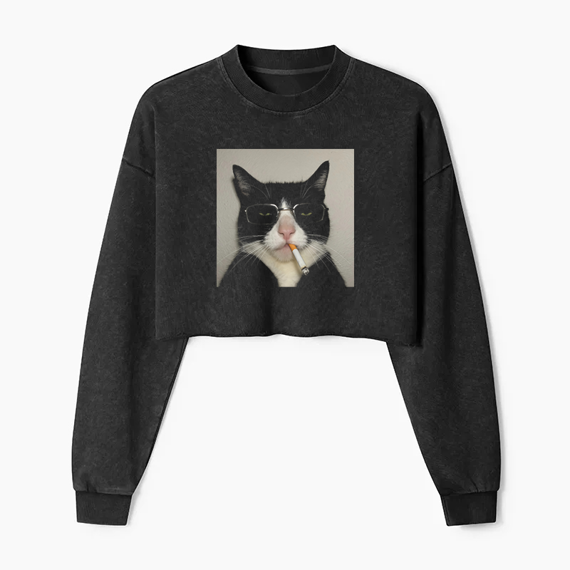 Smoking Cat Washed Crop Sweatshirt