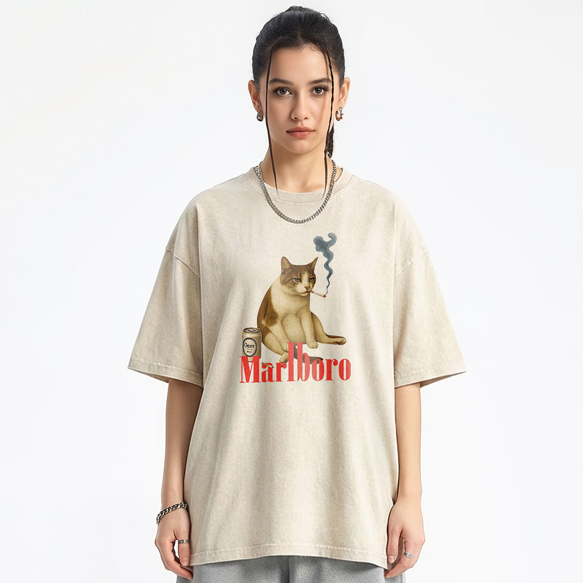 Melancholy Smoking Cat Washed T-shirt