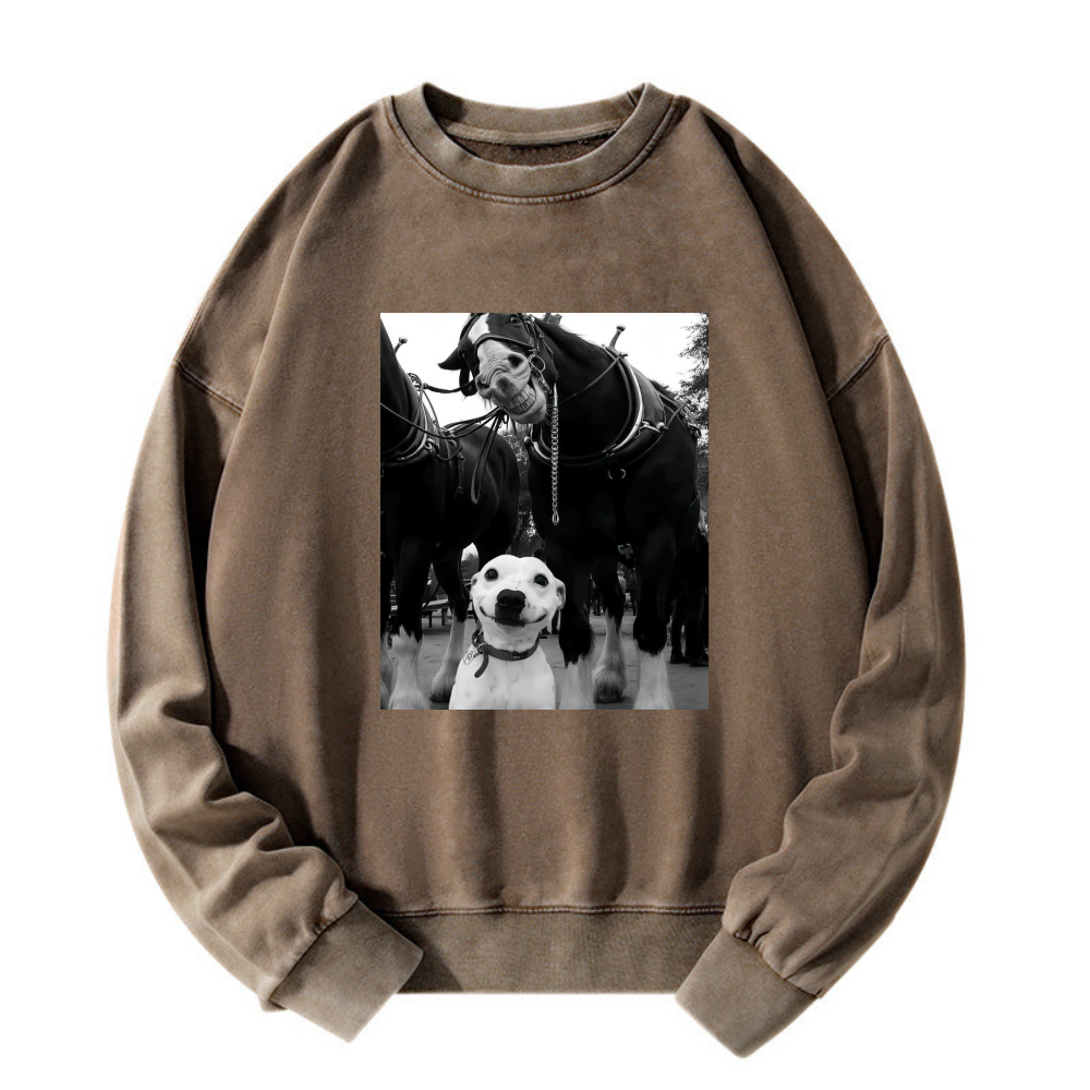 Funny dog and horses Washed Sweatshirt