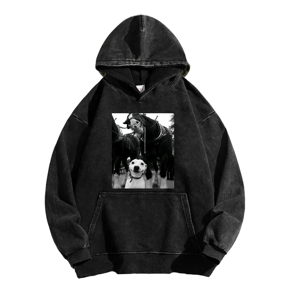 Funny dog and horses Washed Hoodie