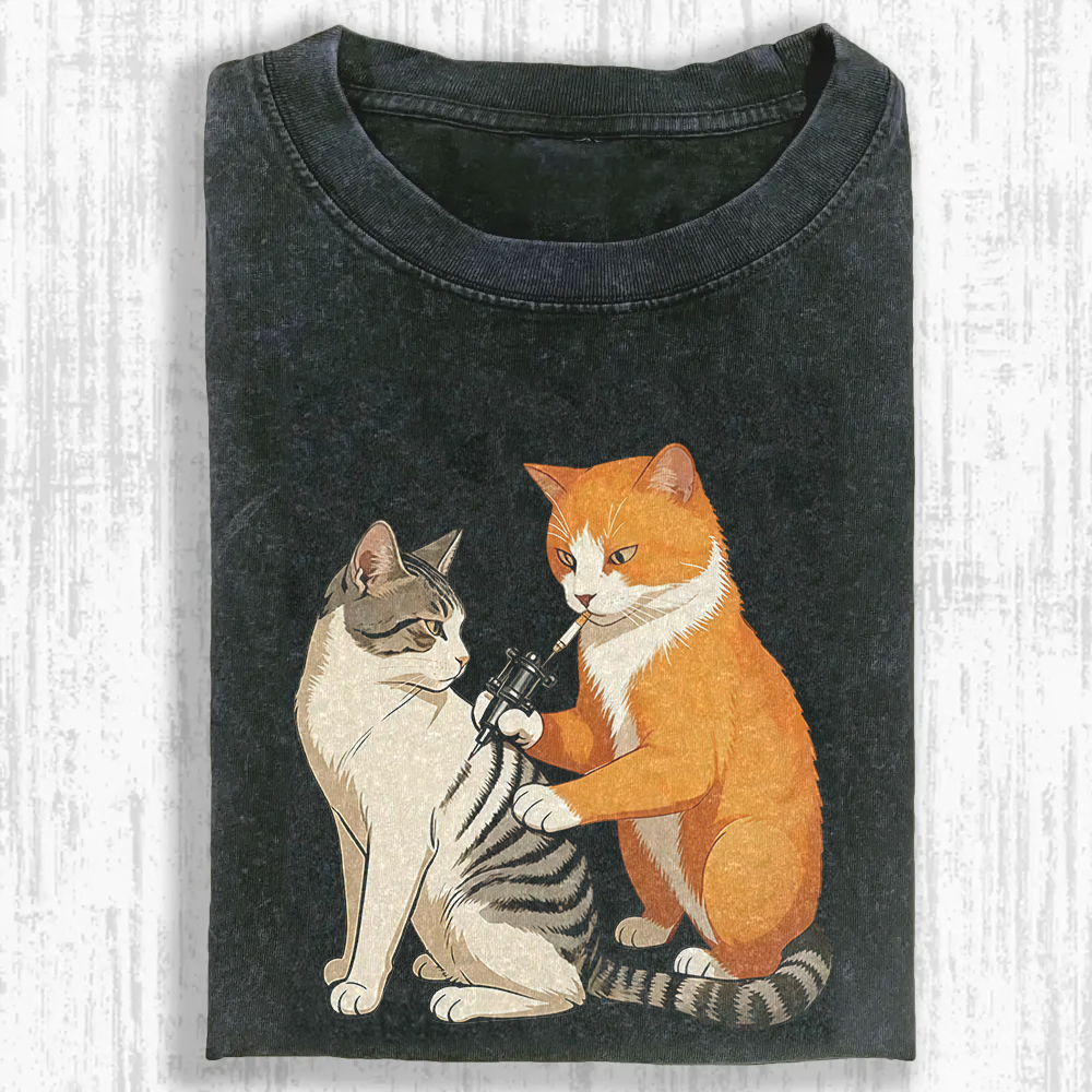 Feline Tattooist Washed T-shirt