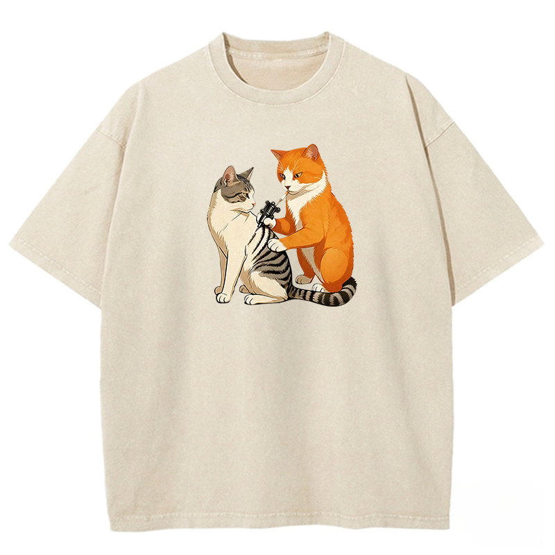 Feline Tattooist Washed T-shirt